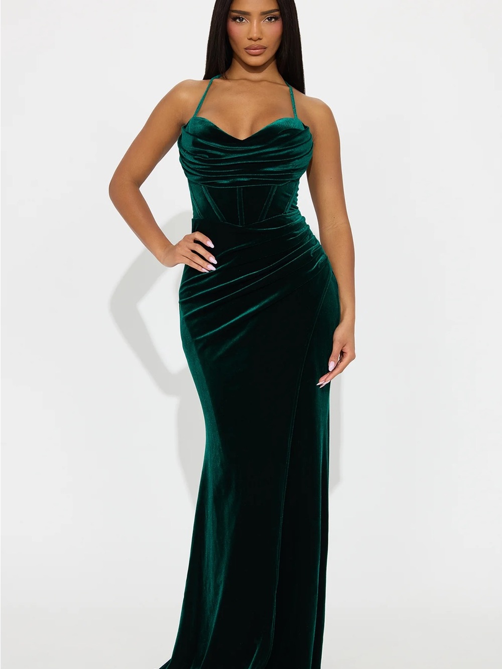 Elegant Green Velvet Bustier Evening Dress